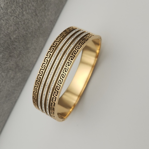 Jewelry - 18K Gold Plated Greek Key & Zircon Bangle – Waterproof, Tarnish-Proof